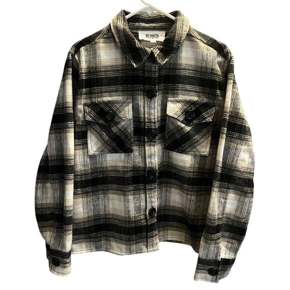 BB Dakota Plaid Shacket Sz L Black White Flannel Button Up Oversized Grunge - Picture 1 of 6